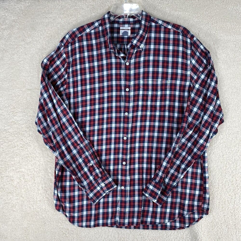 Old Navy Button Down Shirt Men XXL Red White Navy Blue Excellent Slim Fit Plaid